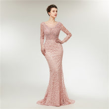 Luxury Evening Dresses Mermaid Long Sleeves Pearls Lace Embroidery Pink Women /F