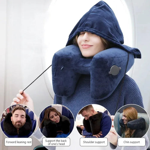 Neck Pillow Travel U-shaped Inflatable Pillow H Hooded