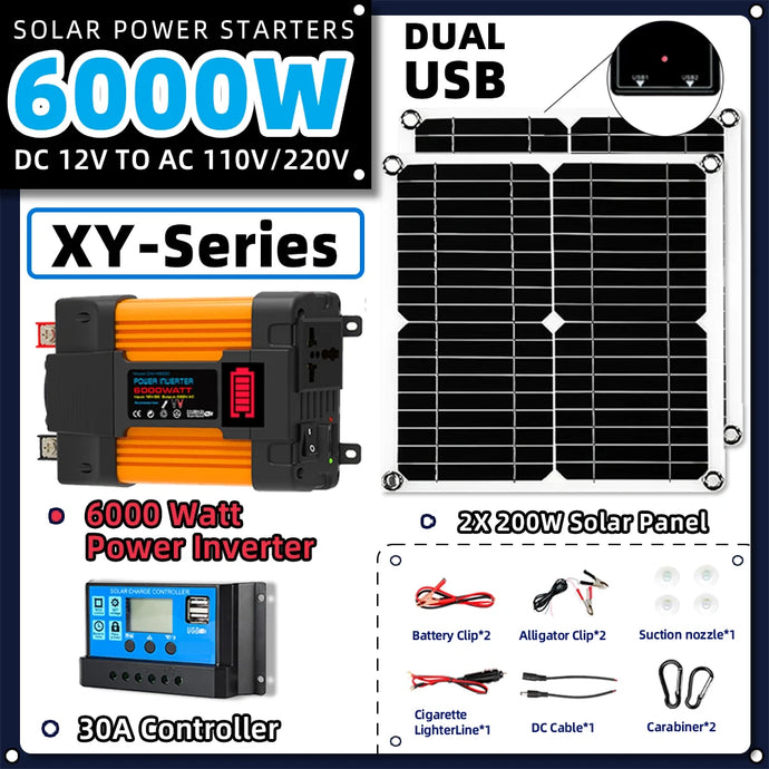 Solar system power 6000W inverter 2*200W solar panels 30A controller car camping